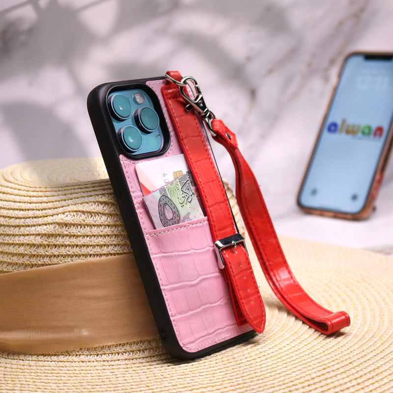 Dana Pink with Fuchsia Leather Case with Card Slot and Strap - كفر مع مسكة شريطة ومكان للبطاقات وخيط علاقة