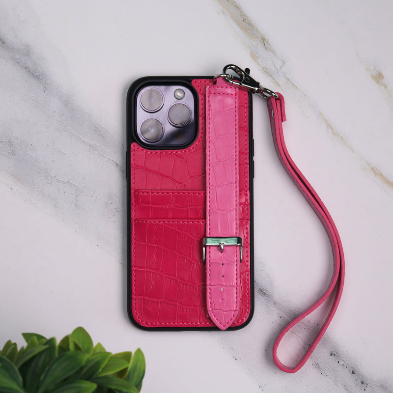 Dana Fuchsia with Pink Leather Case with Card Slot and Strap - كفر مع مسكة شريطة ومكان للبطاقات وخيط علاقة