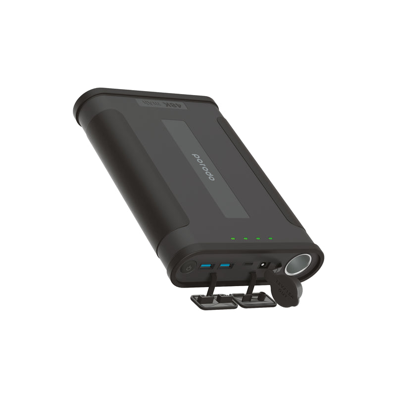 Porodo Outdoor Powerbank 48000mAh PD 60W - Black - [O] - بطارية متنقلة - بورودو - مخرج كهرباء 12 فولت - سعة 48 الف - 3 منافذ للشحن الذكي والسريع - قوة 60 واط - 2 منفذين يو ا بي - 1 منفذ تايب سي - كشاف مضيئ