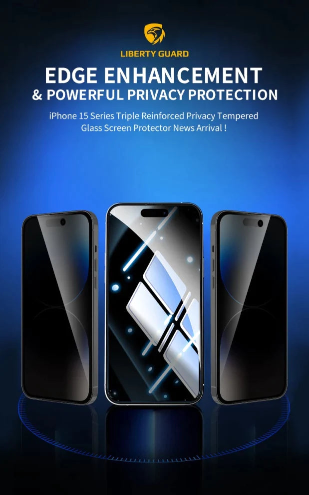 Liberty Guard Matte Privacy Triple Reinforced Glass With Installation Kit iphone 15 series - حماية شاشة - سوداء خصوصية برايفسي - مضادة لبصمات الأصابع - لجميع اطراف الجهاز - مع عدة التركيب - مقاومة للغبار والاتربة