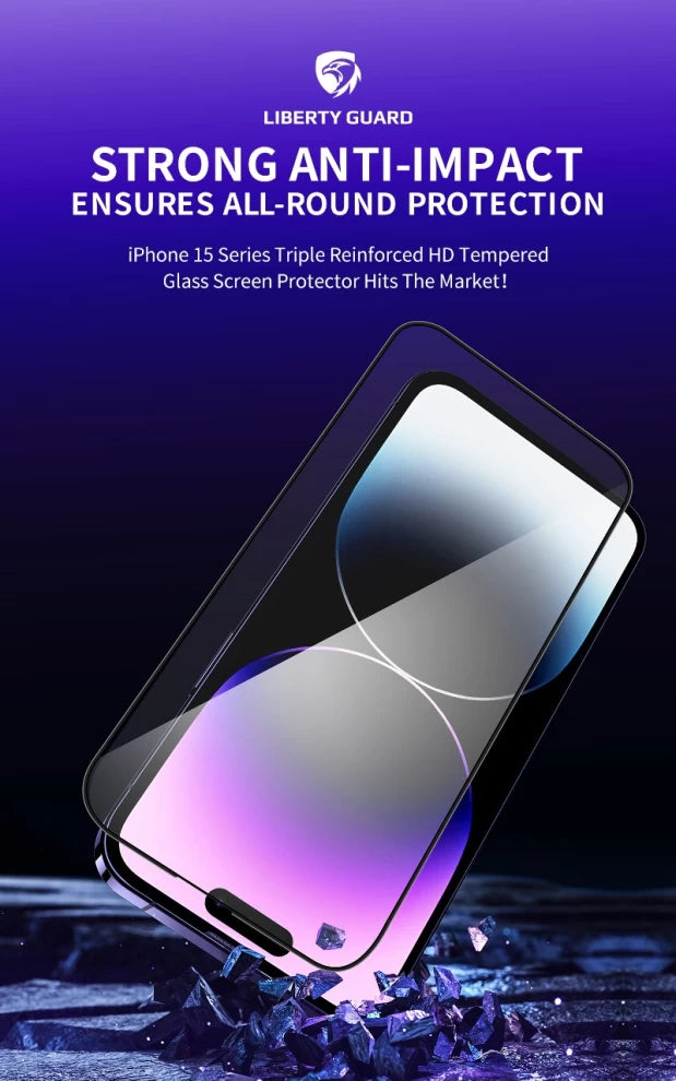 Liberty Guard Black Edge Clear Triple Reinforced Glass With Installation Kit iphone 15 series - حماية شاشة - شفافة كاملة - لجميع اطراف الجهاز - مع عدة التركيب - مقاومة للغبار والاتربة