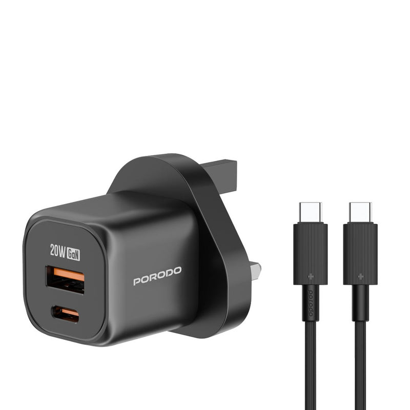 Porodo PD 20W USB QC3.0 UK Fast Charger with C to C Cable - Black - بلاك شاحن حائط + سلك شحن تايب سي -بورودو - كفالة 12 شهر