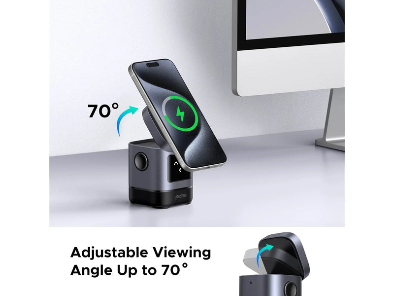 UGREEN 2-in-1 Foldable Wireless Fast Charging Station [b] - ستاند شحن - 2 في 1 - شاحن ماغ سيف وايرلس بقوة 15 واط +  ستاند + شاحن سماعة ايربودز - خاصية الشحن السريع - كفالة 12 شهر