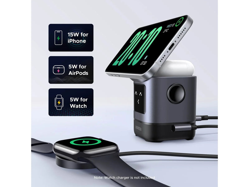 UGREEN 2-in-1 Foldable Wireless Fast Charging Station [b] - ستاند شحن - 2 في 1 - شاحن ماغ سيف وايرلس بقوة 15 واط +  ستاند + شاحن سماعة ايربودز - خاصية الشحن السريع - كفالة 12 شهر