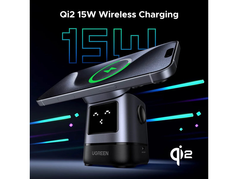 UGREEN 2-in-1 Foldable Wireless Fast Charging Station [b] - ستاند شحن - 2 في 1 - شاحن ماغ سيف وايرلس بقوة 15 واط +  ستاند + شاحن سماعة ايربودز - خاصية الشحن السريع - كفالة 12 شهر