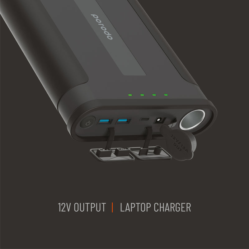 Porodo Outdoor Powerbank 48000mAh PD 60W - Black - [O] - بطارية متنقلة - بورودو - مخرج كهرباء 12 فولت - سعة 48 الف - 3 منافذ للشحن الذكي والسريع - قوة 60 واط - 2 منفذين يو ا بي - 1 منفذ تايب سي - كشاف مضيئ