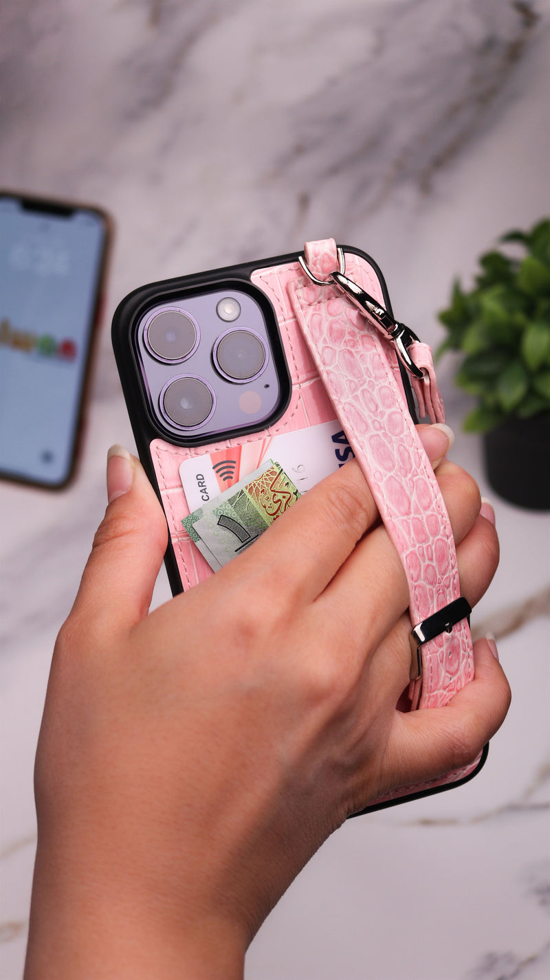 Dana Full Light Pink Leather Case with Card Slot and Strap - كفر مع مسكة شريطة ومكان للبطاقات وخيط علاقة