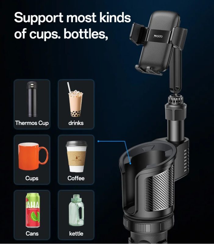 Yesido 2 in 1 Car Cup Holder Phone Mount Adjustable 4.7-7.2 Inch Cellphone Bracket – C273 - ستاند سيارة - القاعدة مكان الكوب + حامل كوب - ذراع طويل