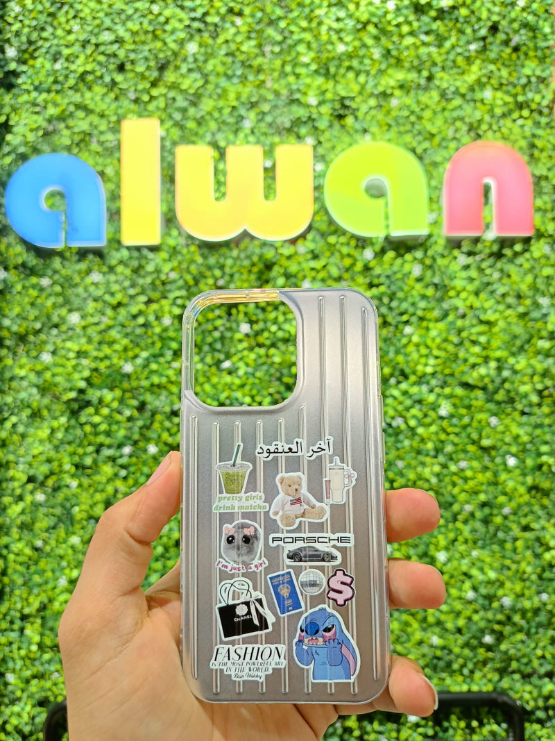 Noufa Silver Phone Case - كفر مع ستيكرز طباعة من اختياركم - الكفر + التصميم + البروفة + الطباعة - سيتم التواصل معكم لتحديد الكلمات والصور