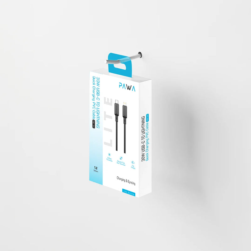 Pawa 3A USB-C TO Lightning Quick Charging PVC Cable PW122 - Black - سلك شحن - باوا - ايفون تايب سي - طول 1.2 متر - كفالة 12 شهر