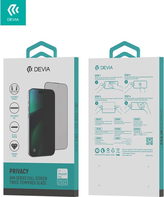 Devia iPhone 14 Pro Max Van Series Full Screen Privacy Twice Tempered Glass -Black - حماية شاشة خصوصية برايفسي - وحماية كاملة لجميع اطراف الجهاز