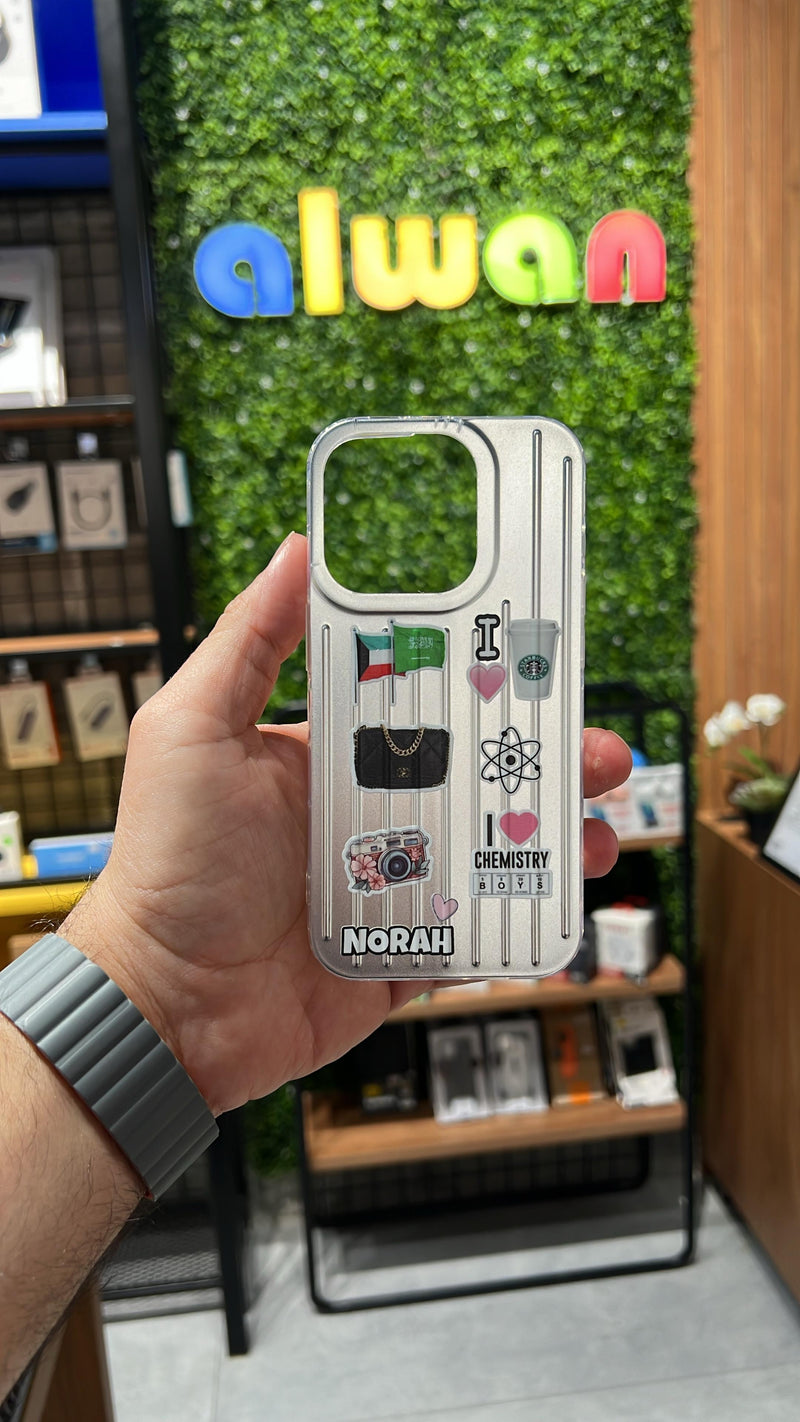 Noufa Silver Phone Case - كفر مع ستيكرز طباعة من اختياركم - الكفر + التصميم + البروفة + الطباعة - سيتم التواصل معكم لتحديد الكلمات والصور