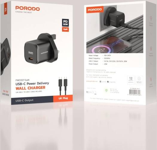 Porodo PD 20W UK Fast Charger with C to C Cable - Black - بلاك شاحن حائط + سلك شحن تايب سي -بورودو - كفالة 12 شهر