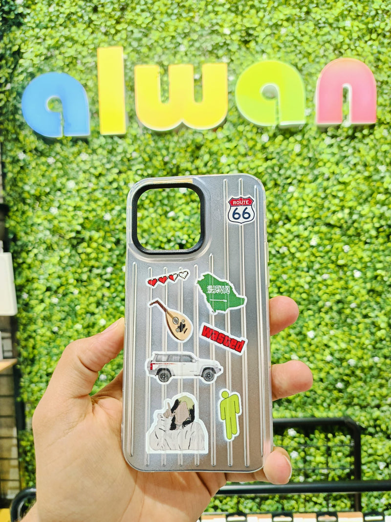 Noufa Silver Phone Case - كفر مع ستيكرز طباعة من اختياركم - الكفر + التصميم + البروفة + الطباعة - سيتم التواصل معكم لتحديد الكلمات والصور