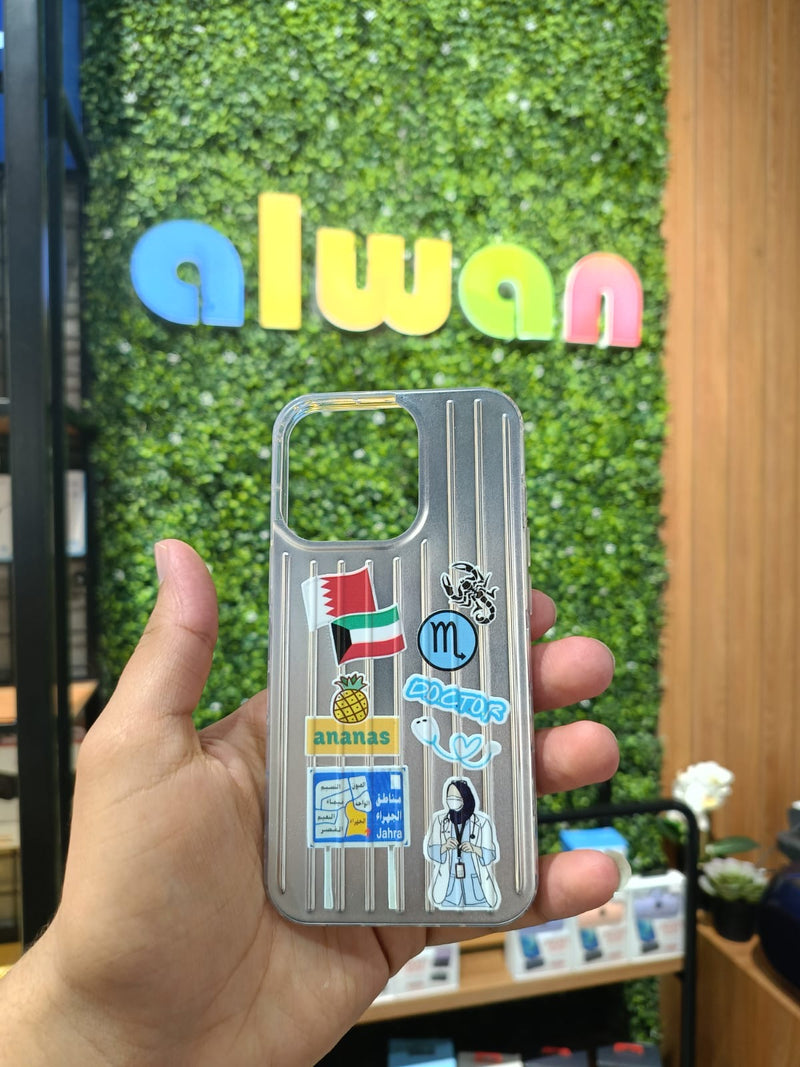 Noufa Silver Phone Case - كفر مع ستيكرز طباعة من اختياركم - الكفر + التصميم + البروفة + الطباعة - سيتم التواصل معكم لتحديد الكلمات والصور