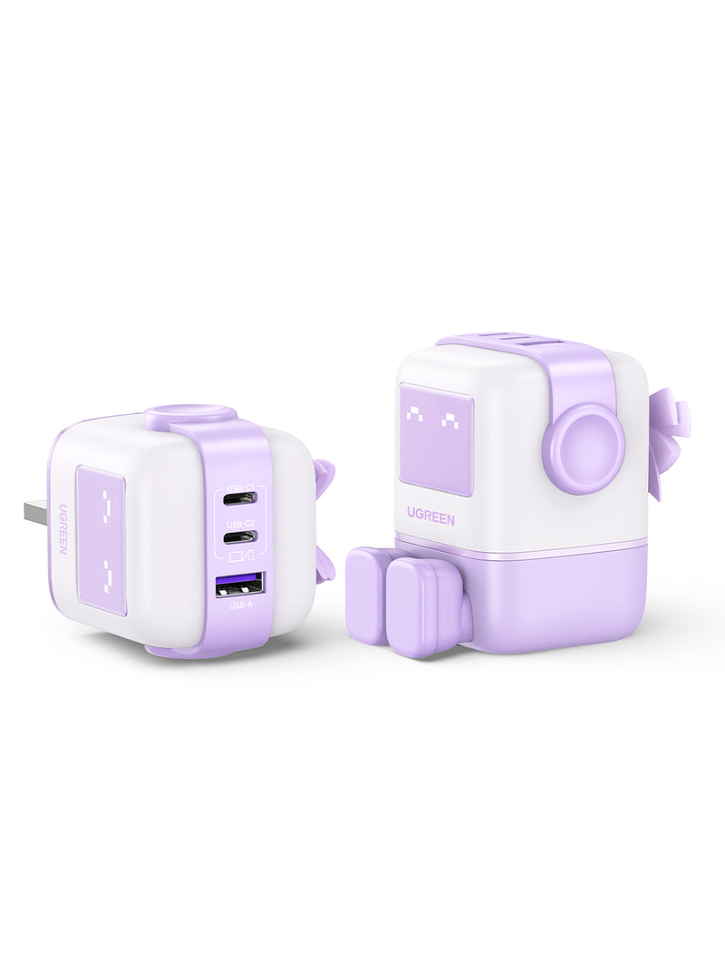 UGREEN Nexode RG 65W 3-Port GaN Fast Charger UK Purple - [B] - شاحن حائط  - يو جرين - 2 فتحتين تايب سي - 1 فتحة يو اس بي - شاشة رقمية - قوة 65 واط - كفالة 12 شهر