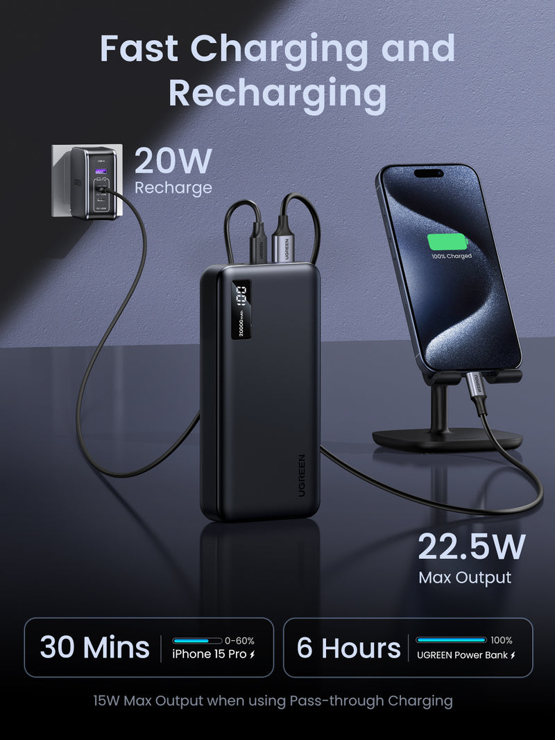 UGREEN Powerbank PB312 LED Display 20.000mAh Fast Charging 20W PD QC3.0 22.5W [B] - بطارية متنقلة - يوجرين - سعة 20 آلاف ملي امبير - مع سلك شاحن تايب سي - شاشة رقمية - قوة 22.5 واط - كفالة 12 شهر