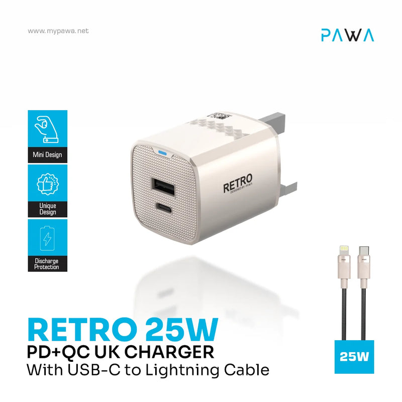 Retro 25W PD+QC UK Charger With USB-C to Lightning Cable - بلاك شاحن حائط + سلك شحن ايفون - 25 واط - باوا - كفالة 12 شهر