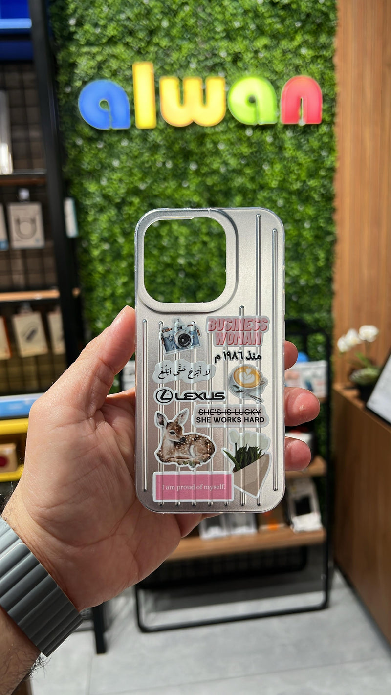 Noufa Silver Phone Case - كفر مع ستيكرز طباعة من اختياركم - الكفر + التصميم + البروفة + الطباعة - سيتم التواصل معكم لتحديد الكلمات والصور