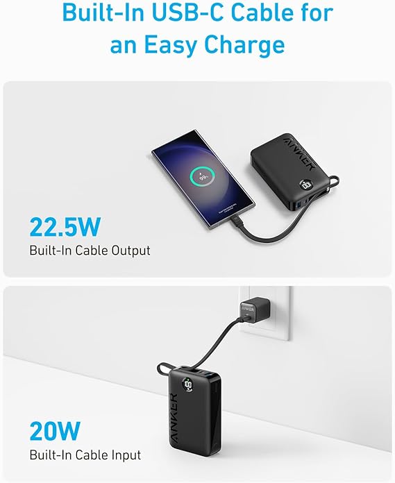 Anker 335 Power Bank (20K 22.5W PD, Built-In USB-C Cable) - Black - بطارية متنقلة - انكر - سعة 20 آلف ملي امبير - قوة 22.5 واط - مع شاحن تايب سي - كفالة 18 شهر