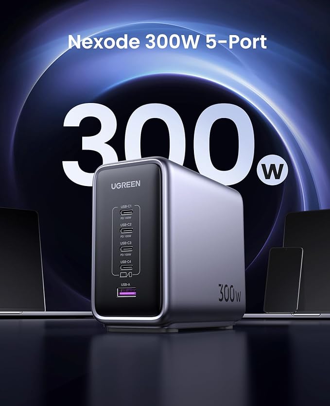 Ugreen Nexode 300W 5-Port PD GaN Fast Charger UK [B] - موزع شحن - يوجرين - قوة 300 واط - 5 منافذ للشحن السريع - 4 منافذ تايب سي - 1 منفذ يو اس بي - كفالة 12 شهر