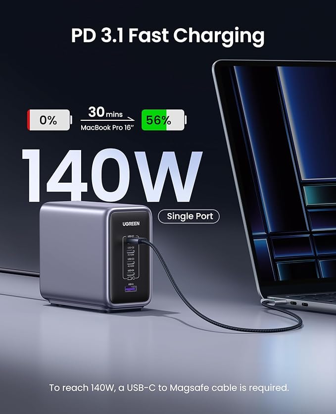 Ugreen Nexode 300W 5-Port PD GaN Fast Charger UK [B] - موزع شحن - يوجرين - قوة 300 واط - 5 منافذ للشحن السريع - 4 منافذ تايب سي - 1 منفذ يو اس بي - كفالة 12 شهر