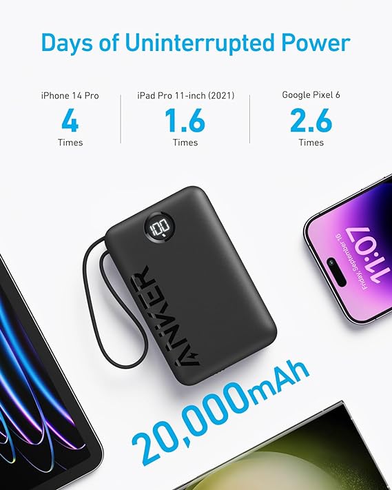 Anker 335 Power Bank (20K 22.5W PD, Built-In USB-C Cable) - Black - بطارية متنقلة - انكر - سعة 20 آلف ملي امبير - قوة 22.5 واط - مع شاحن تايب سي - كفالة 18 شهر