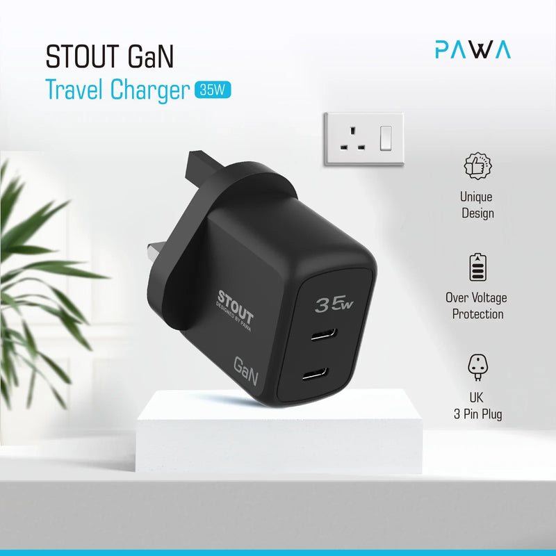 Pawa Stout Gan Travel Charger with Dual PD Port 35W - Black [O] - شاحن حائط - تايب سي - باوا - منفذين - 35 واط - خاصية الشحن السريع - كفالة 12 شهر