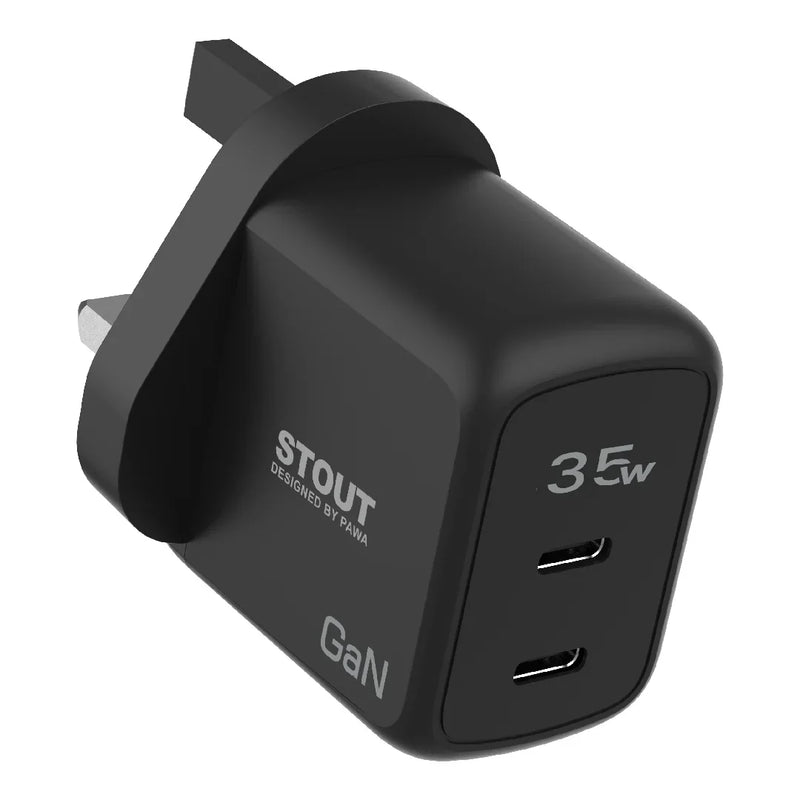 Pawa Stout Gan Travel Charger with Dual PD Port 35W - Black [O] - شاحن حائط - تايب سي - باوا - منفذين - 35 واط - خاصية الشحن السريع - كفالة 12 شهر