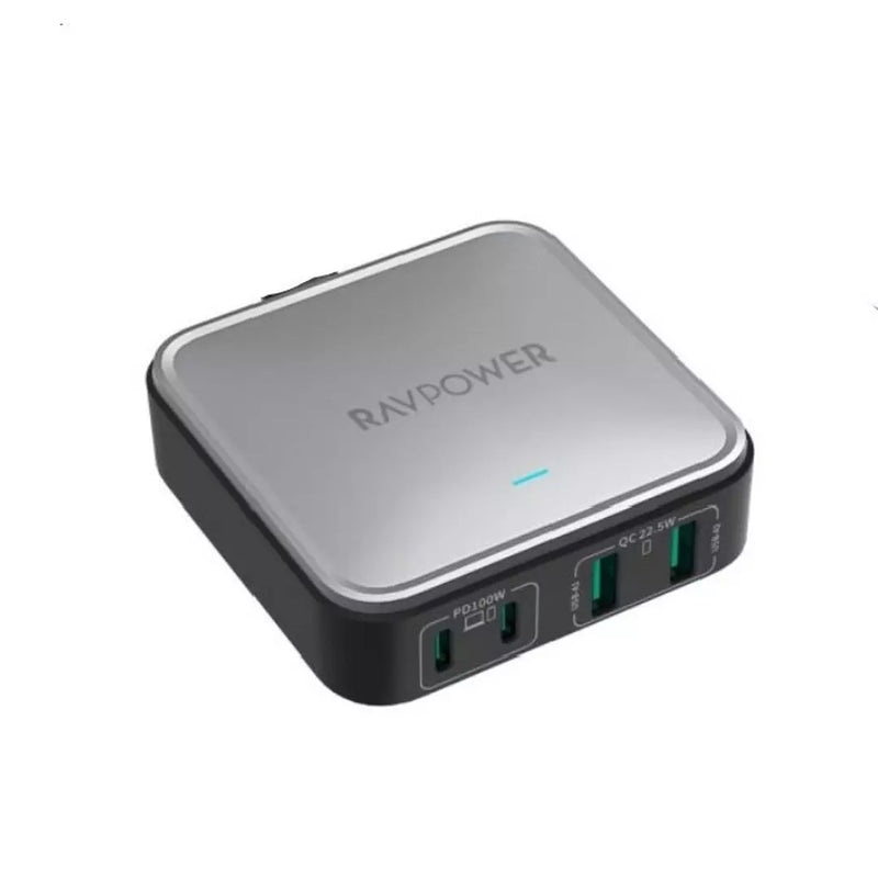 Ravpower 4-port Portable Desktop Charger, 100W, RP-PC1042 - Black [B] - موزع بلاك حائط شحن - 2 منفذين تايب سي - 2 منفذين يو اس بي - قوة 100 واط - كفالة 12شهر