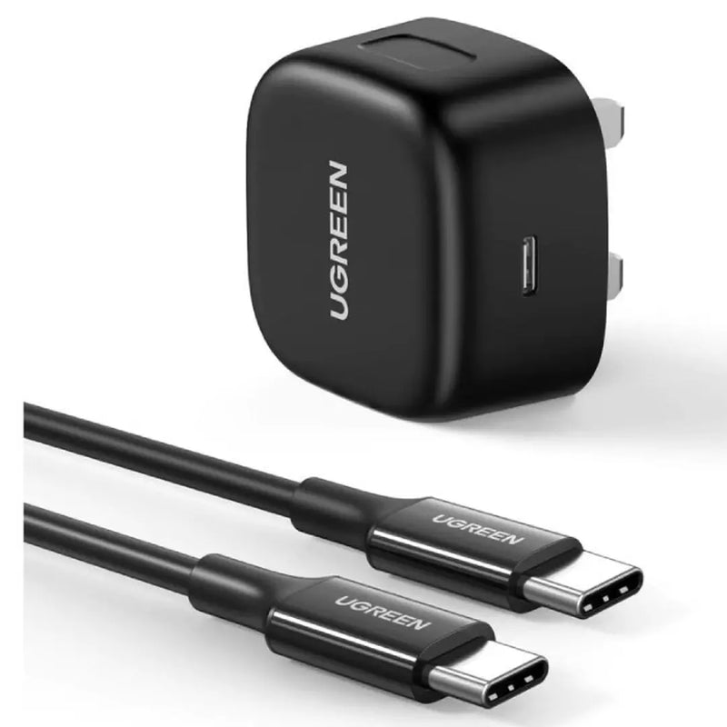 UGREEN PD 25W Fast Charger + USB Cable UK, CD250 - Black - شاحن حائط تايب سي - يو جرين - سلك شحن تايب سي - قوة 25 واط - كفالة 12 شهر