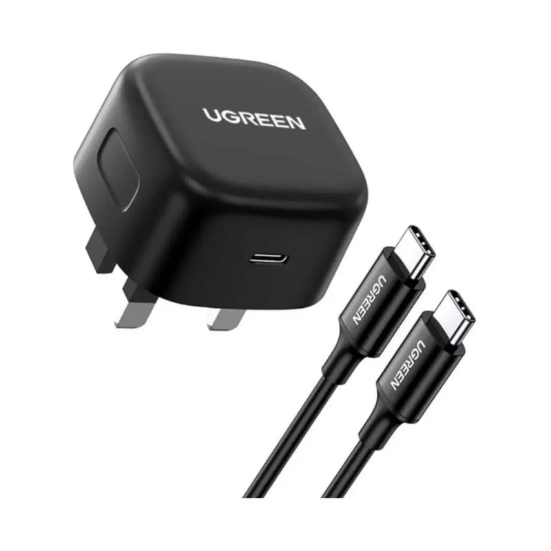 UGREEN PD 25W Fast Charger + USB Cable UK, CD250 - Black - شاحن حائط تايب سي - يو جرين - سلك شحن تايب سي - قوة 25 واط - كفالة 12 شهر