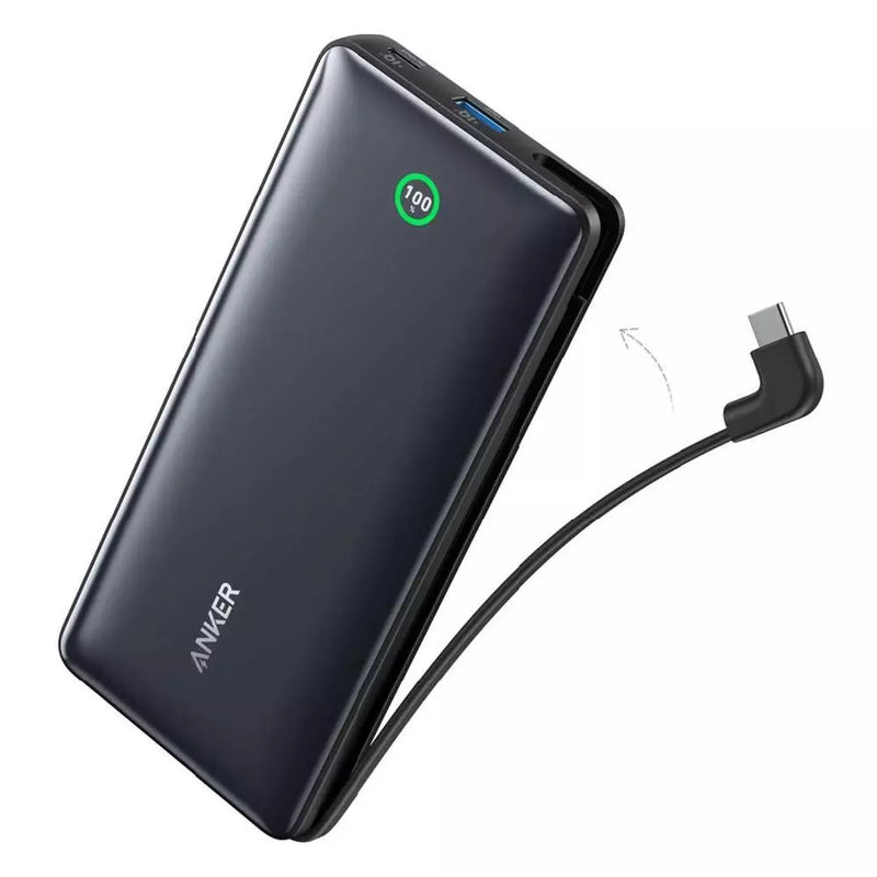 Anker Nano 20000mah Power Bank Built-In USB-C Cable, 30W - Black [D] - بطارية متنقلة - انكر - سعة 20 آلاف ملي امبير - مع سلك شاحن تايب سي - قوة30واط - شاشة رقمية - كفالة 18 شهر