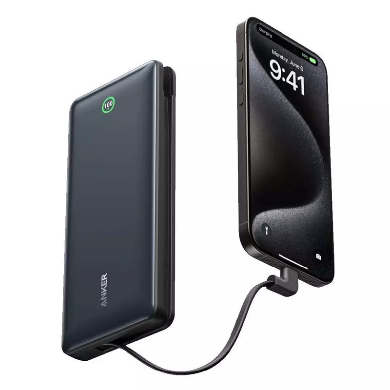 Anker Nano 20000mah Power Bank Built-In USB-C Cable, 30W - Black [D] - بطارية متنقلة - انكر - سعة 20 آلاف ملي امبير - مع سلك شاحن تايب سي - قوة30واط - شاشة رقمية - كفالة 18 شهر