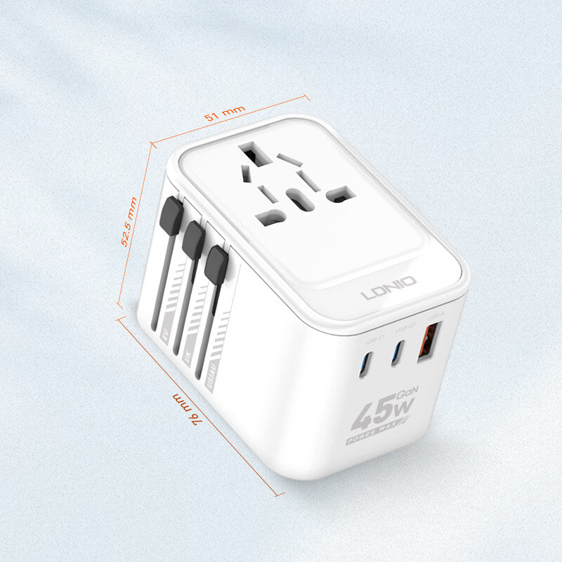 LDNIO Global Travel Fish AW1005 – 2000W / 45W Fast Charging - شاحن حائط دولي - 3 منافذ للشحن الذكي والسريع - قوة 45 واط - كفالة 12 شهر
