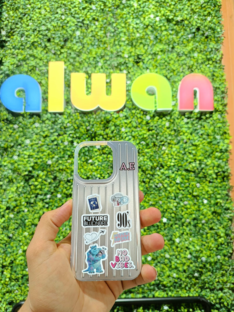 Noufa Silver Phone Case - كفر مع ستيكرز طباعة من اختياركم - الكفر + التصميم + البروفة + الطباعة - سيتم التواصل معكم لتحديد الكلمات والصور