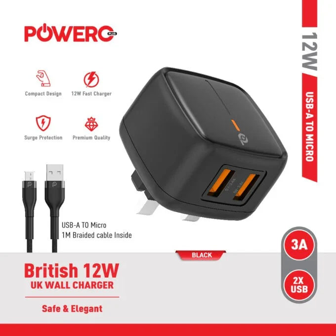 Powero+ British 12W UK Wall Charger with USB-A to Micro Cable - بلاك شاحن حائط + سلك شحن مايكرو - 2 فتحتين يو اس بي - قوة 12 واط - كفالة 12 شهر