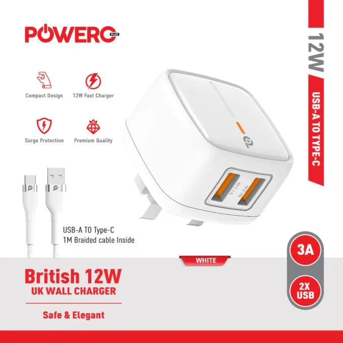 Powero+ British 12W UK Wall Charger with USB A to Type C Cable - بلاك شاحن حائط + سلك شحن تايب سي - 2 فتحتين يو اس بي - قوة 12 واط - كفالة 12 شهر