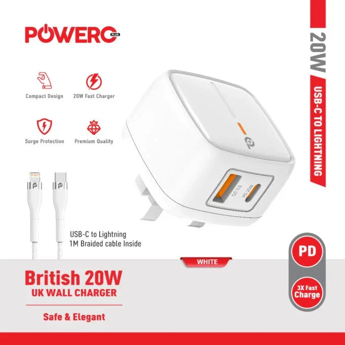 Powero+ British 20W UK Wall Charger with Type C to Lightning Cable - بلاك شاحن حائط + سلك شحن تايب سي أيفون - 2 فتحتين للشحن - تايب سي - يو اس بي - قوة 20 واط - كفالة 12 شهر