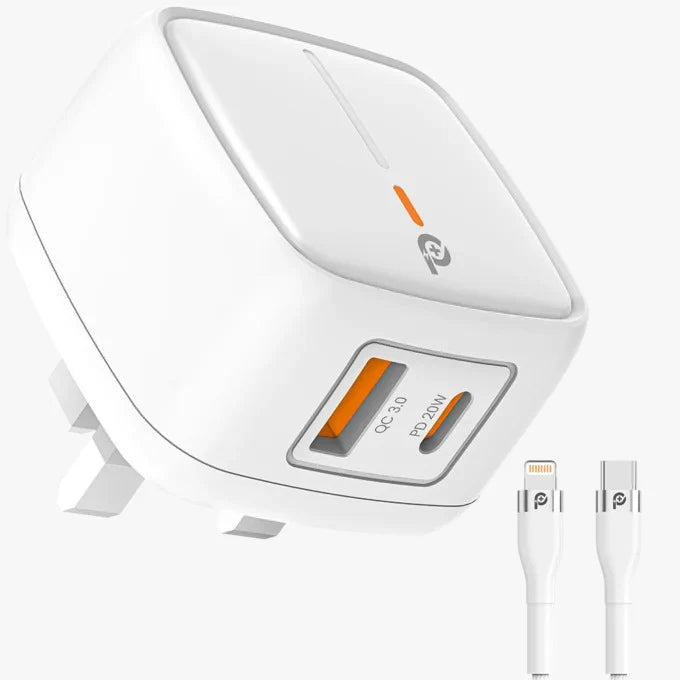 Powero+ British 20W UK Wall Charger with Type C to Lightning Cable - بلاك شاحن حائط + سلك شحن تايب سي أيفون - 2 فتحتين للشحن - تايب سي - يو اس بي - قوة 20 واط - كفالة 12 شهر