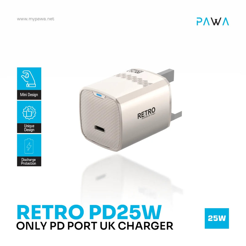 Retro PD25W Only PD Port UK Charger [O] - شاحن حائط - قوة 25 واط - منفذ تايب سي  للشحن السريع  كفالة 12 شهر