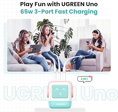 UGREEN 25686 Nexode RG - 65W - 3-Port GaN Fast Charger UK - Pink Blue [B] - شاحن حائط  - يو جرين - 2 فتحتين تايب سي - 1 فتحة يو اس بي - شاشة رقمية - قوة 65 واط - كفالة 12 شهر