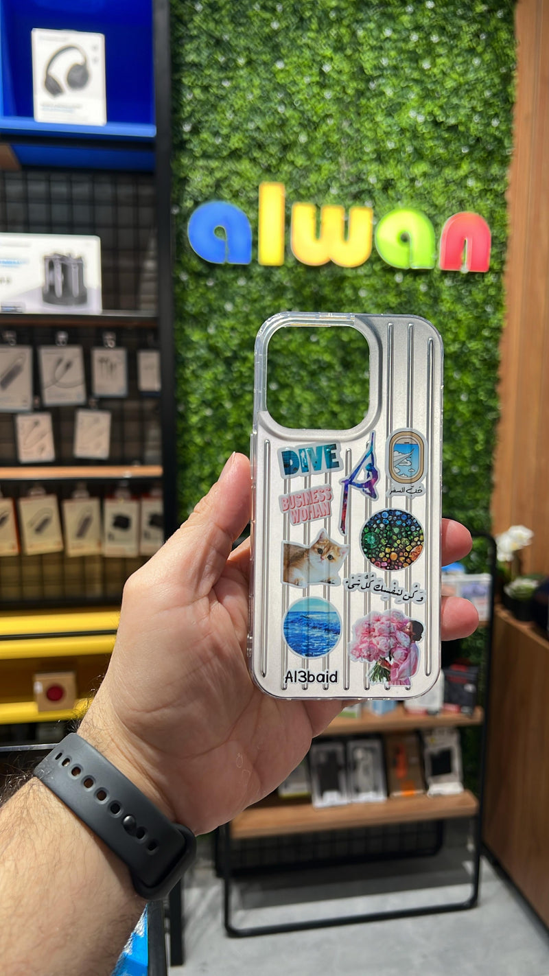 Noufa Silver Phone Case - كفر مع ستيكرز طباعة من اختياركم - الكفر + التصميم + البروفة + الطباعة - سيتم التواصل معكم لتحديد الكلمات والصور