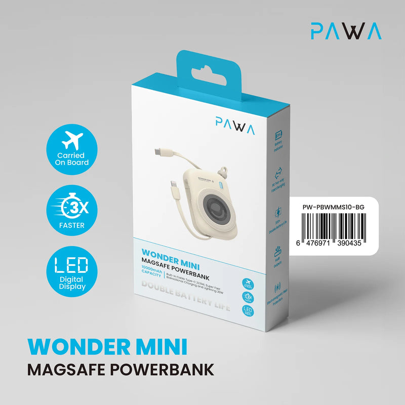 Wonder Mini Magsafe Powerbank | Beige [O] - بطارية متنقلة - باوا - سعة 10000 - سلك شاحن ايفون + تايب سي - مع ماغ سيف - كفالة 24 شهر