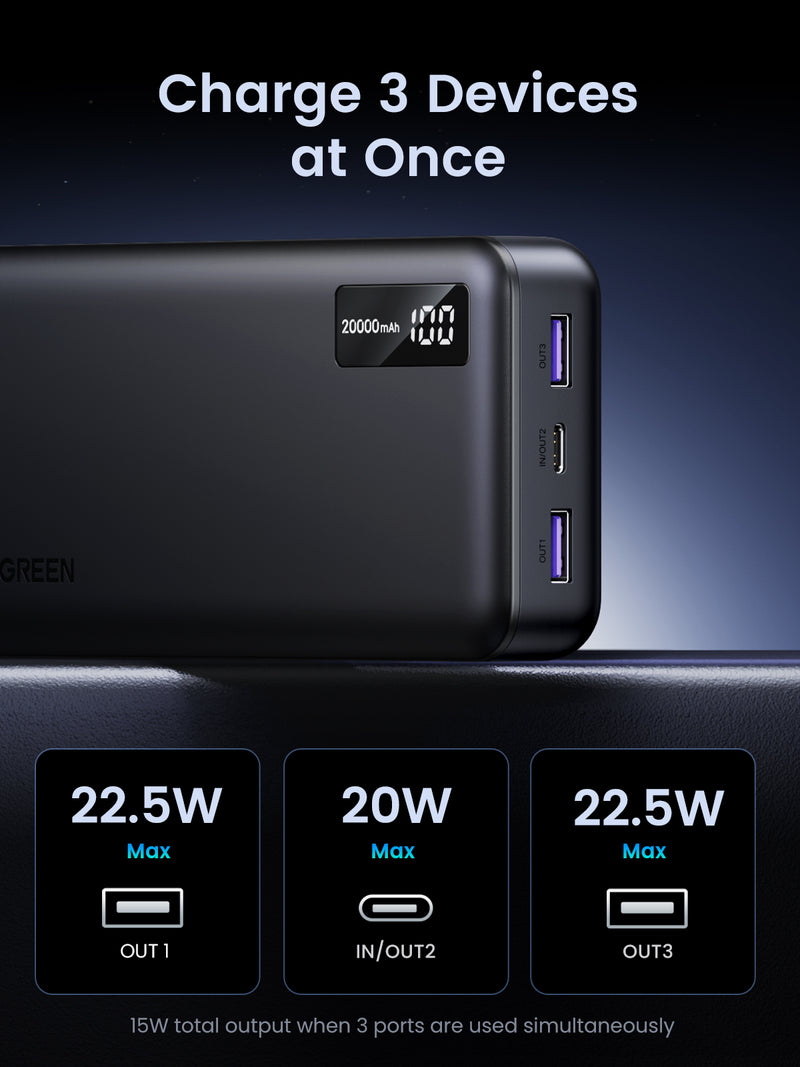 UGREEN Powerbank PB312 LED Display 20.000mAh Fast Charging 20W PD QC3.0 22.5W [B] - بطارية متنقلة - يوجرين - سعة 20 آلاف ملي امبير - مع سلك شاحن تايب سي - شاشة رقمية - قوة 22.5 واط - كفالة 12 شهر