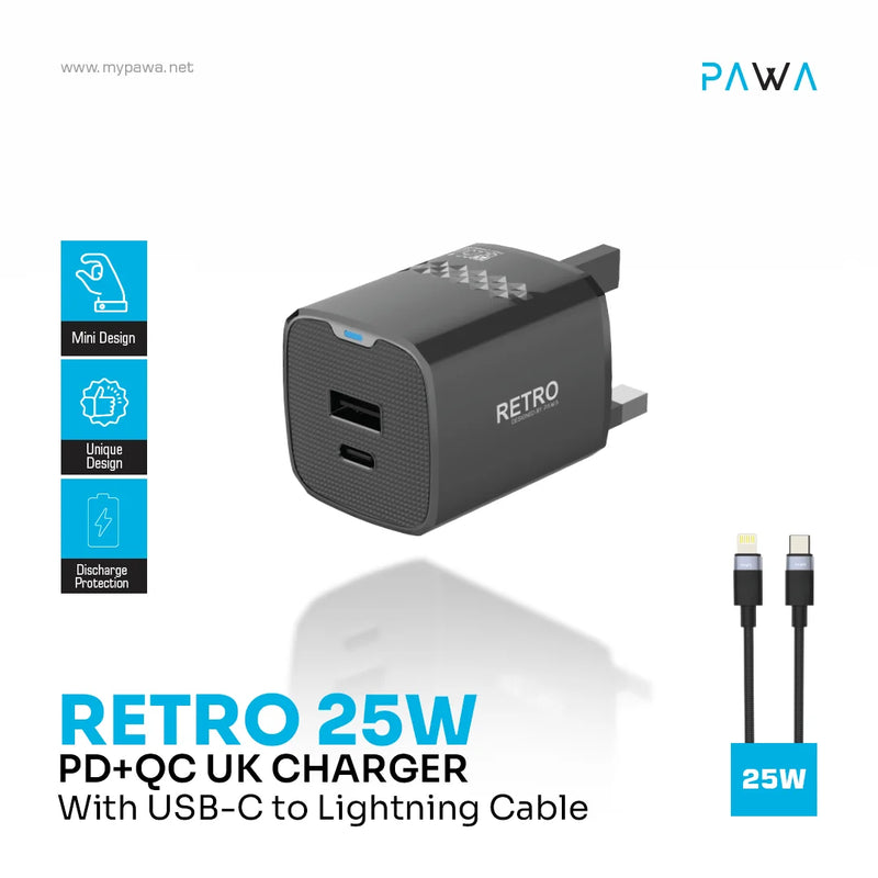 Retro 25W PD+QC UK Charger With USB-C to Lightning Cable  - بلاك شاحن حائط + سلك شحن ايفون - 25 واط - باوا - كفالة 12 شهر