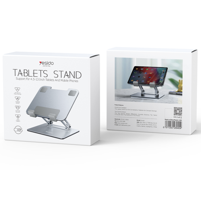 Yesido C185 Adjustable Height Aircooled Foldable Desktop Supporter Holder Metal Laptop Tablet PC Stand - ستاند مكتبي - عالي الجودة - دوران 720 درجة - لجميع انواع التابلت و الايباد