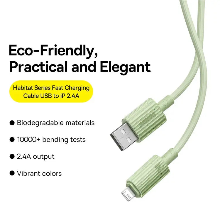 BASEUS Habitat Series 2m USB to iP Biodegradable Fast Charging Cord 2.4A Phone Data Cable - Green - سلك شحن ايفون - بيسوس - طول 2 متر - كفالة 12 شهر