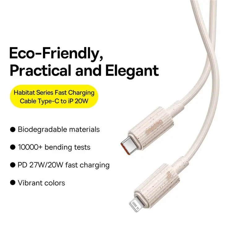 BASEUS Habitat Series 1m Type-C to iP Charging Cable Biodegradable 2.4A 20W PD Fast Charging Data Cable for iPhone - Pink- سلك شحن ايفون تايب سي - بيسوس - طول 1 متر - كفالة 12 شهر