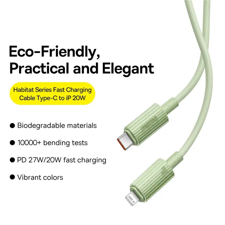 BASEUS Habitat Series 1m Type-C to iP Charging Cable Biodegradable 2.4A 20W PD Fast Charging Data Cable for iPhone  - Green - سلك شحن ايفون تايب سي - بيسوس - طول 1 متر - كفالة 12 شهر